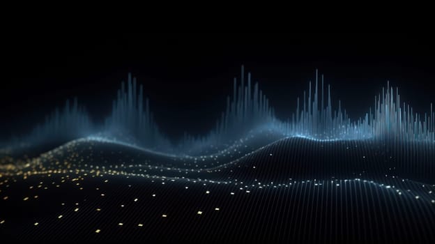 This 3D rendering depicts a big data visualization of musical sounds in the form of interweaving dots. The abstract background with a gradient of colors creates a mesmerizing effect. The image conveys the beauty and complexity of music and its data.