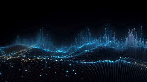 This stunning 3D rendering features an abstract background with an interweaving of dots that represent big data. The dots are arranged in a way that creates a musical stream of sounds, emphasizing the importance of data in the modern world. The use of colors and shading adds depth and complexity to the visualization, making it both visually striking and informative.