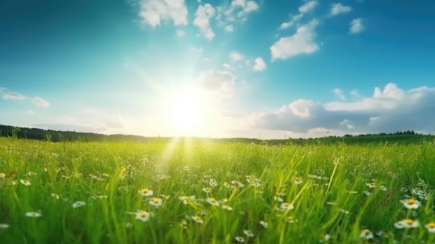 This breathtaking 8k panoramic photo captures the natural beauty of a sprawling meadow with lush green grass and a sea of colorful flowers against a clear blue sky. The warm glow of the sun adds to the tranquil and inviting atmosphere of this spring/summer scene. The blurred background provides a dreamy effect, making it feel as though you're transported to a peaceful paradise.