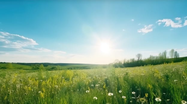 This breathtaking 8k panoramic landscape features a stunning green field filled with lush grass and colorful flowers, set against a bright blue sky with warm sunrays peeking through the clouds. The spring/summer season brings a beautiful blurred background and a sense of tranquility to this natural oasis.