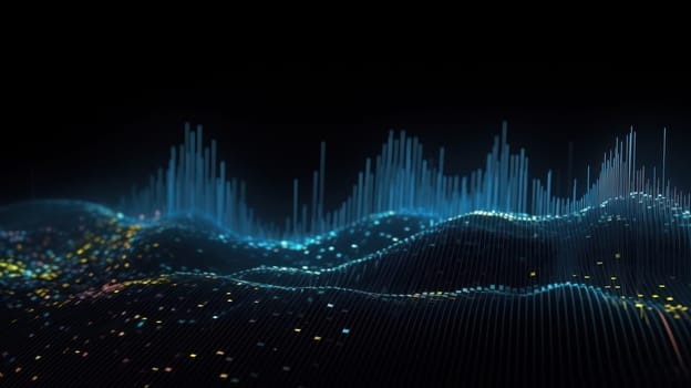 This photo features an abstract background with a flowing stream of musical notes interweaving with dots, creating a stunning visual representation of big data. The 3D rendering and professional color grading give the image a futuristic and high-tech look. It represents the combination of music and technology, and the power of data visualization.