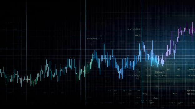 A high-resolution digital graphics stock chart displaying a matrix of data points, numbers, and symbols. The chart features a black background with green, blue, and red colors representing different market trends. This 4K image is perfect for financial presentations, data analysis, and stock market reports.