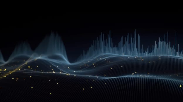 A 3D rendering of an abstract background with dots interweaving to create a visual representation of a musical stream of sounds in a big data visualization.