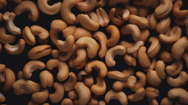 This photo showcases a top-down view of fresh cashew nuts on a seamless background. Shot using a Hasselblad camera with ISO 100, the photo boasts of professional color grading, soft shadows, clean sharp focus, and high-end retouching. It's perfect for food magazine photography, advertising photography, and commercial photography, with ample copy space.