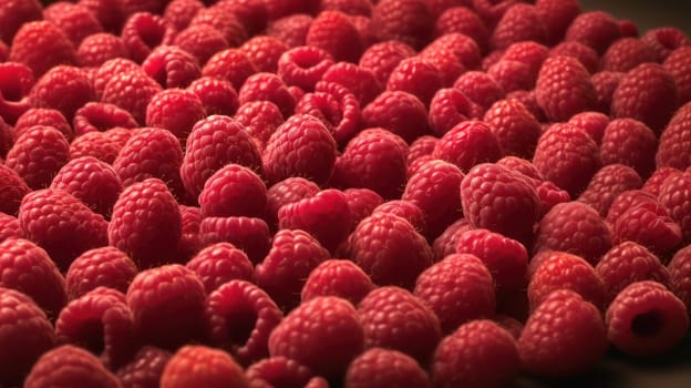 A stunning photograph of raspberries piled high on a seamless background. Each raspberry is highly detailed and adorned with glistening droplets of water. The low angle of the shot makes the viewer feel as though they are looking up at a towering pile of juicy, ripe fruit. Shot using a Hasselblad camera and featuring professional color grading, soft shadows, and clean sharp focus, this image is perfect for food magazine photography, award-winning photography, advertising, and commercial photography.