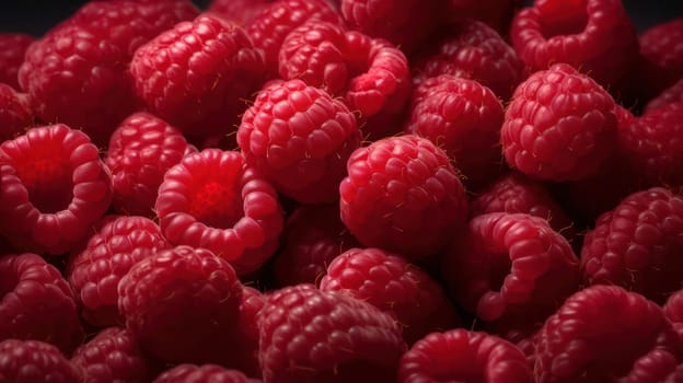 A stunning and highly detailed photograph featuring a pile of fresh raspberries on a seamless background. Shot using a Hasselblad camera with ISO 100 and professional color grading, this image boasts clean, sharp focus and soft shadows, making it perfect for food magazine photography, advertising, and commercial use. The raspberries are adorned with glistening droplets of water, adding to their natural beauty and appeal. This award-winning photography has been carefully retouched to showcase the raspberries' vibrant colors and textures. The low angle of the shot provides a unique perspective, highlighting the fullness and abundance of the raspberries.