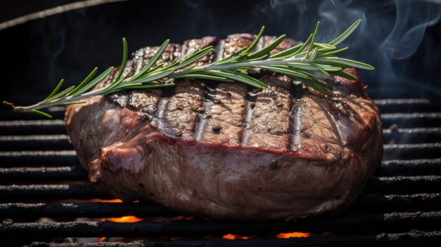 Enjoy the taste of summer with this mouth-watering grilled beef steak, perfectly cooked and bursting with flavor. Surrounded by aromatic rosemary, pungent garlic, and rich butter, this steak is a true delight for the senses. The outdoor grill setting, complete with lush greenery and a clear blue sky, makes this dish the perfect choice for any summer gathering.