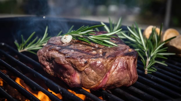 Enjoy the mouth-watering aroma of a sizzling beef steak on a grill with fresh rosemary, garlic, and butter. This photo captures the perfect outdoor BBQ experience, with a lush green background and a clear blue sky above. The steak is cooked to perfection, with a beautifully charred exterior and a juicy pink interior, complemented by the savory flavors of the herbs and butter.