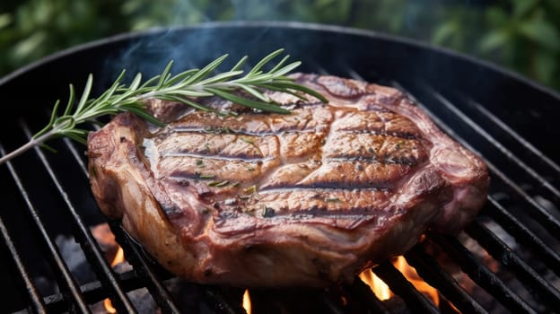 This photo features a juicy beef steak sizzling on the grill, surrounded by aromatic herbs like rosemary and garlic, and topped with a dollop of butter. The outdoor grill is set against a backdrop of lush greenery and a clear blue sky, creating a warm and inviting atmosphere. The steak is perfectly cooked, with a charred exterior and a tender, pink interior that will make your mouth water.