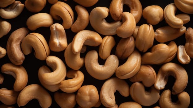 This photo features a top-down view of fresh cashew nuts on a seamless background. The photo was taken using a Hasselblad camera with ISO 100 and has professional color grading, soft shadows, and clean sharp focus. High-end retouching was done for an award-winning look suitable for food magazine, advertising, and commercial photography. The photo has ample copy space.
