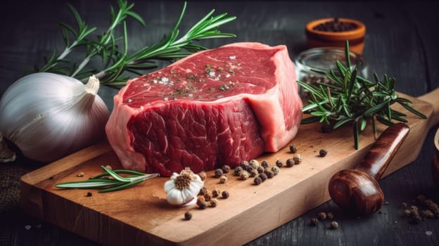 Savoring the Moment: A Mouthwatering Raw Beef Steak on a Wooden Cutting Board