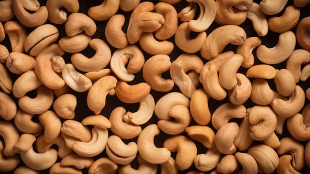 This high-quality photo showcases a top-down view of fresh cashew nuts on a seamless background. Shot with a Hasselblad camera and professional color grading, the image features soft shadows and clean sharp focus, making the nuts look incredibly appetizing. Perfect for food magazine photography, advertising, and commercial purposes, this photo also features copy space for adding text.