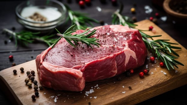 Savoring the Moment: A Mouthwatering Raw Beef Steak on a Wooden Cutting Board