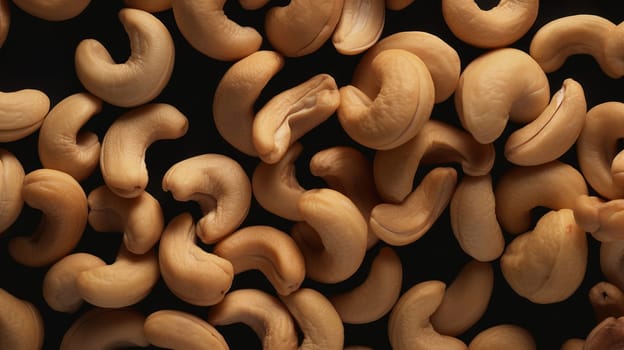 A stunning, high-quality photo showcasing a top-down view of fresh cashew nuts on a seamless background. Shot using a Hasselblad camera, the image features professional color grading, soft shadows, and clean, sharp focus. High-end retouching enhances the natural beauty of the cashews, making them appear even more delicious and appealing. Ideal for use in food magazines, advertising, and commercial photography, this photo features ample copy space and is sure to impress viewers.