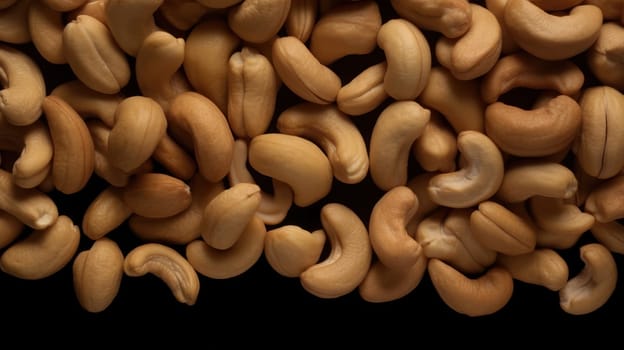 This photo showcases a top-down view of fresh cashew nuts on a seamless background. Shot using a Hasselblad camera with ISO 100, the image is professionally color graded with soft shadows and clean sharp focus. High-end retouching was used to bring out the natural beauty of the cashews, making it perfect for food magazine photography, award-winning photography, advertising photography, and commercial photography. The image also provides ample copy space for text and design elements.