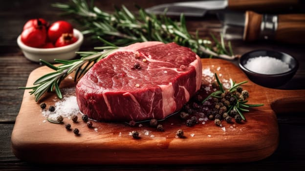 Savoring the Moment: A Mouthwatering Raw Beef Steak on a Wooden Cutting Board