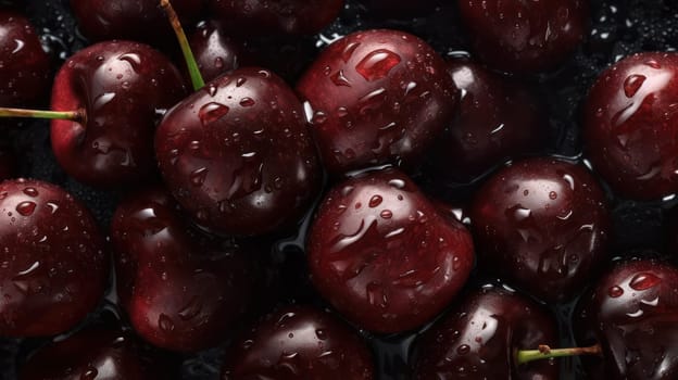 This stunning photograph captures the beauty and juiciness of dark red cherries adorned with glistening droplets of water. Shot using a Hasselblad camera with ISO 100, this image showcases the intricate details of the fruit from a low angle perspective. The professional color grading enhances the rich hues of the cherries, while the soft shadows add depth and texture to the composition. The clean, sharp focus and high-end retouching contribute to the overall high-quality look of the image, making it ideal for use in food magazine photography, award-winning photography, advertising photography, and commercial photography.