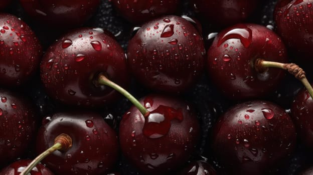 A stunning photo of dark red cherries, with glistening droplets of water on their surface, captured in high detail and shot using a Hasselblad camera at ISO 100. The low angle of the shot, professional color grading, soft shadows, and clean sharp focus make it perfect for use in food magazine photography, advertising, and commercial photography. This award-winning photograph has undergone high-end retouching to ensure its quality.