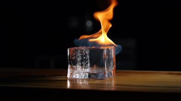 This stunning 8K photograph captures the beauty of a burning ice cube on a rough wooden table, surrounded by a pool of water. The dark background adds drama and depth to the image, while the high level of detail showcases the intricate textures of the wood and ice. Shot using high-end photography equipment, this image is perfect for advertising, editorial, or commercial use.