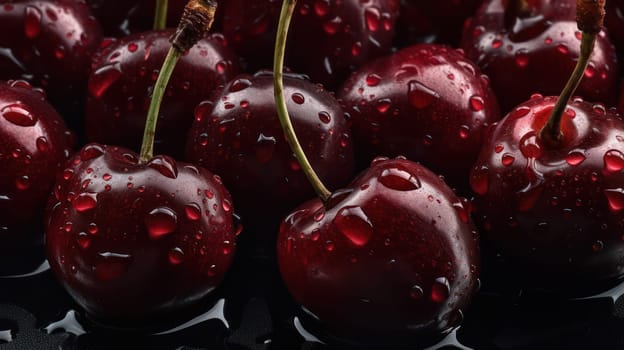 This stunning photograph captures the rich and vibrant colors of dark red cherries, adorned with glistening droplets of water. The low angle and highly detailed shot was taken using a Hasselblad camera with ISO 100, and features professional color grading, soft shadows, clean sharp focus, and high-end retouching. Perfect for food magazine photography, award-winning photography, advertising photography, and commercial photography.