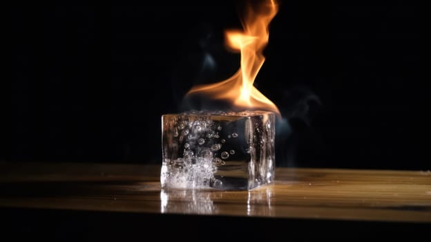 This stunning photo captures the moment when a single ice cube bursts into flames, perched atop a rough wooden table with water droplets surrounding it. The dark background adds a dramatic touch, while the high resolution of 8k brings out all the intricate details. Perfect for use in design projects, advertising, and more.