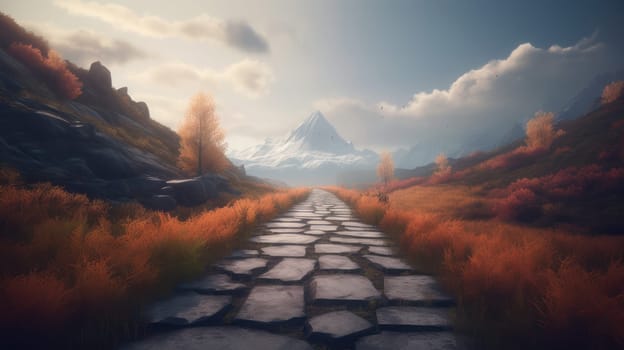 This stunning photo captures a breathtaking journey on "The Way,"" showcasing the beauty of nature and the majesty of the landscape. Shot in 8K resolution, every detail of the scene is brought to life, from the vibrant colors of the sky to the rugged texture of the terrain. Follow the winding path as it leads deeper into the wilderness, promising adventure and discovery at every turn."