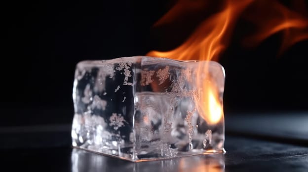 This stunning photo captures the moment a single ice cube is set ablaze, slowly melting and dripping onto a rough wooden table with a small pool of water. The dark background creates a dramatic contrast, highlighting the intensity of the flames and the icy coolness of the cube.