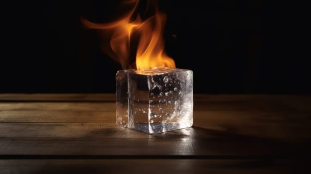 This stunning 8K photo captures the essence of contrasting elements in a single frame. The ice cube, with its melting water, is on fire, creating a mesmerizing effect. Shot on a wooden rough table with a dark background, the photo highlights the beauty of natural textures and colors.