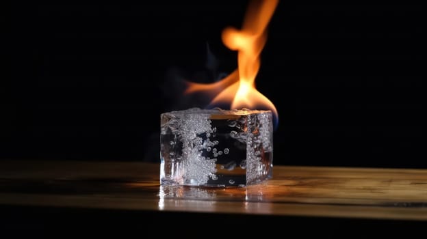 This stunning photograph captures the paradoxical beauty of an ice cube on fire. The image features the ice cube, slowly melting and burning on a rough wooden table, surrounded by water and set against a dark background. Shot in 8K resolution, this high-quality image is a visual treat to behold.