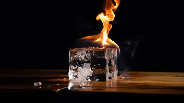 This stunning photograph captures the paradoxical beauty of a burning ice cube on a wooden table, with droplets of water scattered around it. Shot in 8k resolution and featuring a dark background that highlights the contrast between the bright flame and the cool blue tones of the ice, this image is sure to captivate and intrigue viewers.