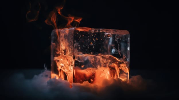 This stunning photo captures the beauty and intrigue of a burning ice cube as it melts on a rough wooden table, with water droplets scattered around it. The dark background creates a dramatic contrast, highlighting the intricate details and textures of the wood and ice. Shot in 8k resolution, the image is sharp and highly detailed, offering a mesmerizing visual experience.