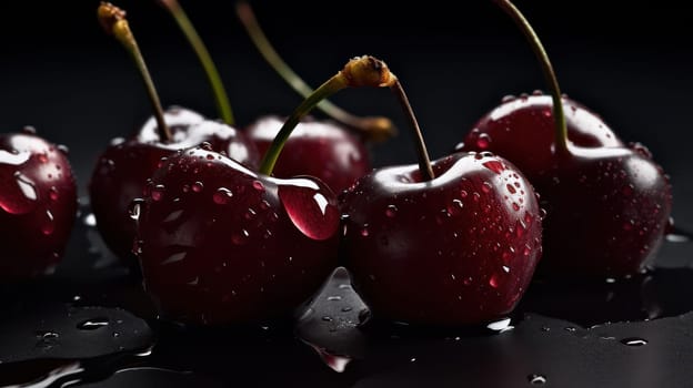 This highly-detailed photo features dark red cherries adorned with glistening droplets of water, captured from a low angle using a Hasselblad camera and professional techniques such as color grading and retouching. Soft shadows and clean sharp focus add depth and texture to the image, making it perfect for use in food magazines, advertising, or other commercial purposes.