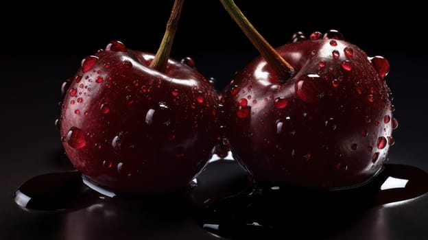 This highly-detailed photo features dark red cherries adorned with glistening droplets of water, captured from a low angle using a Hasselblad camera and professional techniques such as color grading and retouching. Soft shadows and clean sharp focus add depth and texture to the image, making it perfect for use in food magazines, advertising, or other commercial purposes.
