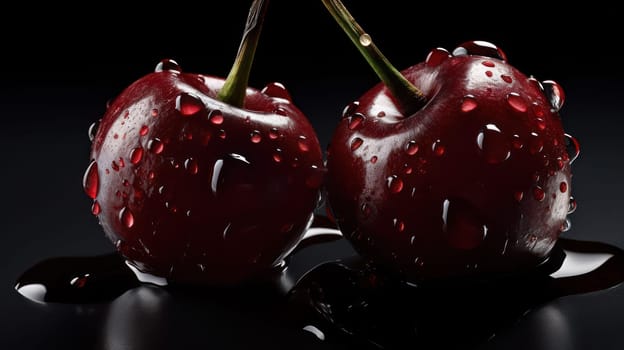 A stunning photo of dark red cherries on a seamless background, adorned with glistening droplets of water. Captured from a low angle, the details are highly detailed and crisp, shot using a Hasselblad camera with ISO 100. The professional color grading creates a warm and inviting tone, while the soft shadows add depth and dimension. The high-end retouching enhances the natural beauty of the cherries, making them even more tempting. Perfect for food magazine, award-winning, advertising, and commercial photography.