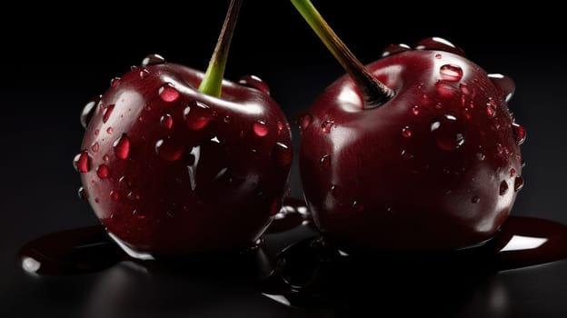 A stunning photo of dark red cherries on a seamless background, adorned with glistening droplets of water. Captured from a low angle, the details are highly detailed and crisp, shot using a Hasselblad camera with ISO 100. The professional color grading creates a warm and inviting tone, while the soft shadows add depth and dimension. The high-end retouching enhances the natural beauty of the cherries, making them even more tempting. Perfect for food magazine, award-winning, advertising, and commercial photography.