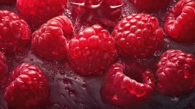 This photo showcases a bunch of fresh raspberries, beautifully captured in a low angle shot. The seamless background, adorned with glistening droplets of water, adds to the overall appeal of the image. Shot using a Hasselblad camera, the photo boasts a highly detailed, clean and sharp focus. The soft shadows and professional color grading create a sense of depth, making the raspberries look more luscious and vibrant. This photo is perfect for food magazine, award-winning, advertising and commercial photography.
