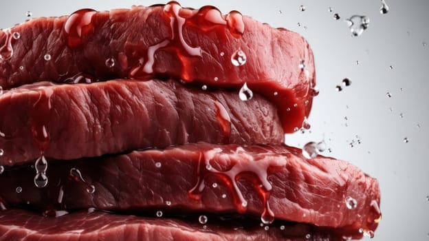 A visually stunning image of a high stack of raw beef steaks on a transparent background. The shot was captured using a Hasselblad camera with ISO 100 and has been expertly color graded for a professional finish. Soft shadows create depth and dimension, while clean, sharp focus draws attention to the details of the pepper. The high-quality retouching enhances the overall image, making it perfect for food magazine photography, award-winning advertising, and commercial projects.