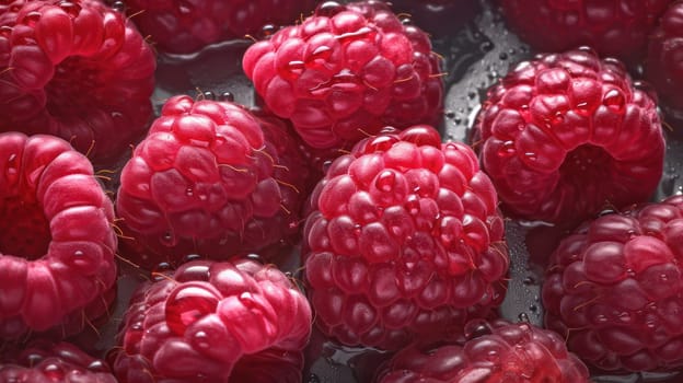 This photo captures the beauty of raspberries with droplets of water glistening on their surface. The seamless background and low angle shot provide a highly detailed and visually appealing image. Shot with a Hasselblad camera and expertly color graded, this image showcases clean, sharp focus and soft shadows. Perfect for use in food magazines, award-winning photography, advertising, and commercial photography.