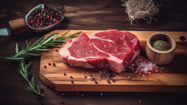 This mouthwatering photo captures the essence of a perfect beef steak, surrounded by fresh ingredients on a wooden cutting board. The steak's marbling and deep red color are perfectly highlighted by the natural light, creating a visual feast for the eyes. The image is of high quality and shows the intricate details of the ingredients and the steak, making it perfect for food enthusiasts, chefs, and food bloggers.