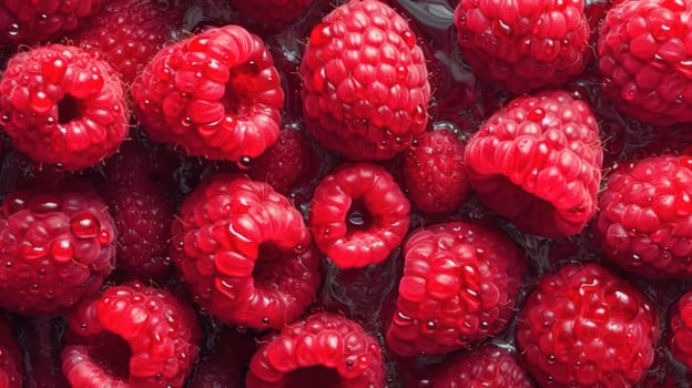 This photograph captures the natural beauty and freshness of raspberries, adorned with droplets of water that glisten in the light. Shot using a Hasselblad camera with ISO 100, the image is highly detailed and features a seamless background. The low angle shot and professional color grading create a visually stunning image, with soft shadows that add depth and dimensionality. This high-end retouched photograph is perfect for use in food magazines, award-winning photography, advertising, and commercial purposes. The 16:9 aspect ratio makes it ideal for use in digital media.