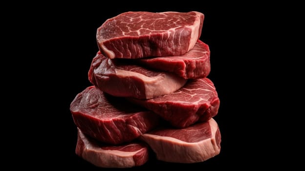 This stunning photo showcases a high stack of fresh, raw beef steaks, expertly captured using a Hasselblad camera with ISO 100. The transparent background adds a contemporary touch to this classic image. The expert color grading brings out the rich hues and textures of the meat, while soft shadows create depth and dimension. The clean, sharp focus highlights the intricate details of the meat, making it the perfect choice for food magazine photography, award-winning advertising, and commercial projects.