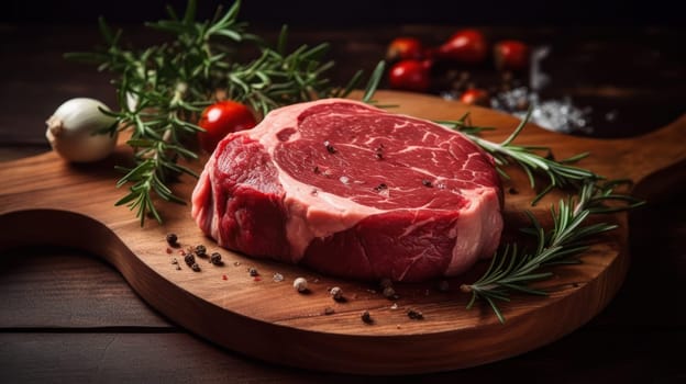 Savoring the Moment: A Mouthwatering Raw Beef Steak on a Wooden Cutting Board