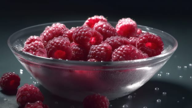 This stunning food photograph showcases a bowl of ripe raspberries, perfectly arranged and adorned with glistening droplets of water. The seamless background and low angle of the shot create a highly detailed and visually appealing image. Shot using a Hasselblad camera and professionally retouched, this photograph is ideal for food magazines, advertising campaigns, and commercial use.
