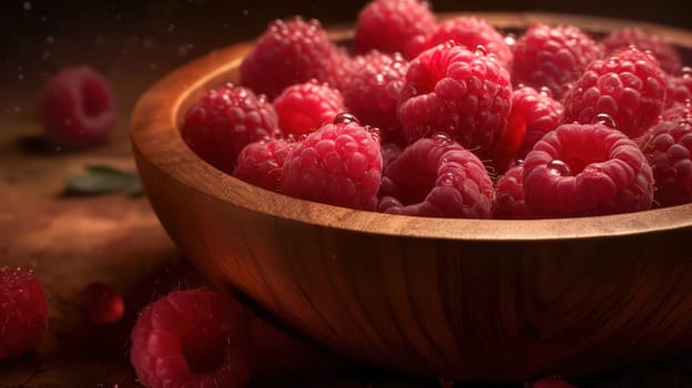 This stunning photograph features a luscious pile of raspberries nestled in a rustic wooden bowl. The seamless background is adorned with glistening droplets of water, adding a touch of freshness to the image. Shot using a Hasselblad camera and ISO 100, the photo boasts highly detailed and sharp focus. The professional color grading and soft shadows create a warm and inviting ambiance. The high-end retouching highlights the natural beauty of the raspberries, making them look even more delectable. This photograph is perfect for food magazine, award-winning, advertising, and commercial photography.