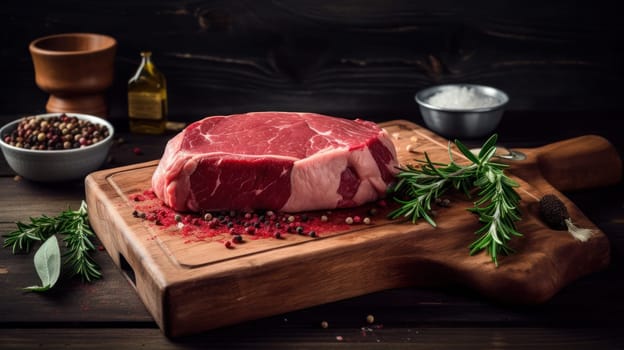 This high-quality photograph features a raw beef steak showcased on a wooden cutting board with fresh ingredients like garlic, rosemary, and thyme. The kitchen is well-lit with natural light, allowing for a detailed view of the steak's marbling and deep red color. The image captures the essence of a fresh, hearty meal.