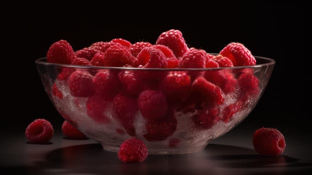 This stunning photograph captures the natural beauty and lusciousness of ripe raspberries. The juicy berries are arranged in a bowl on a seamless background, accentuated by glistening droplets of water. Shot using a Hasselblad camera with professional color grading and high-end retouching, the image features clean sharp focus and soft shadows, enhancing the depth and texture of the berries. This masterpiece of food photography is perfect for food magazines, advertisements, and commercial purposes.