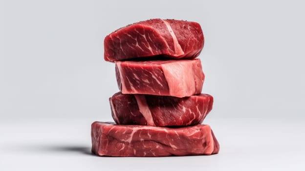 This high-quality photograph showcases a towering stack of raw beef steaks, expertly captured using a Hasselblad camera with ISO 100. The transparent background allows the focus to be entirely on the delicious meat, which has been expertly color graded and retouched to create a truly professional finish. Soft shadows and clean, sharp focus create depth and dimension, drawing the viewer's attention to the details of the meat. Perfect for use in food magazines, award-winning advertising campaigns, and commercial projects.