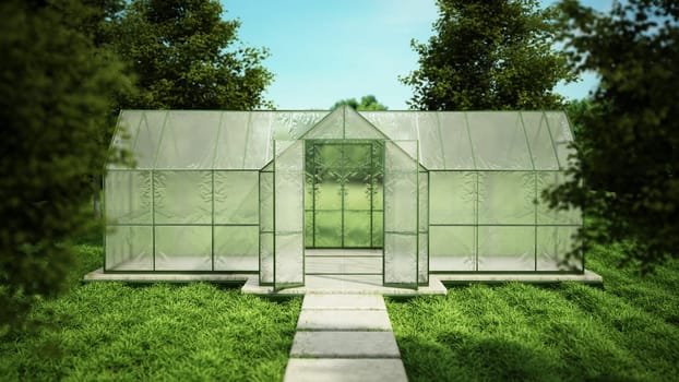 Greenhouse on the garden with green grass and trees. 3D illustration.