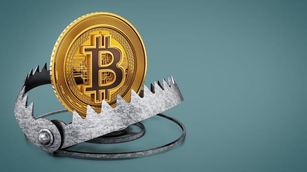 Gold digital coin in ready bear trap. 3D illustration.