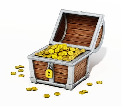 Cartoon treasure chest full of gold coins isolated on white background. 3D illustration.